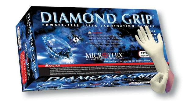 Microflex MF-300-M Diamond Grip Latex Gloves – Medium, Powder Free – 100 Gloves Per Box